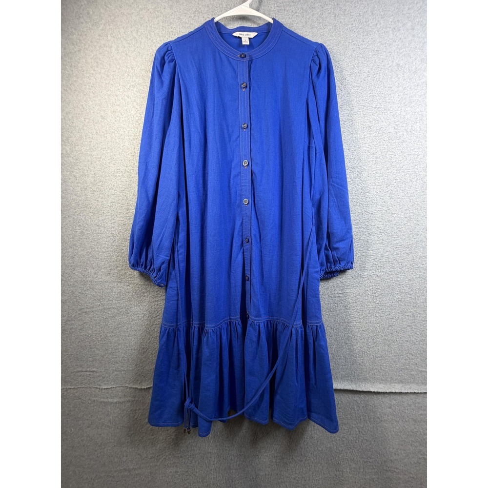 Nine West Shirt Dress Womens Small Blue Button Front Ruffle Hem Belted Midi
